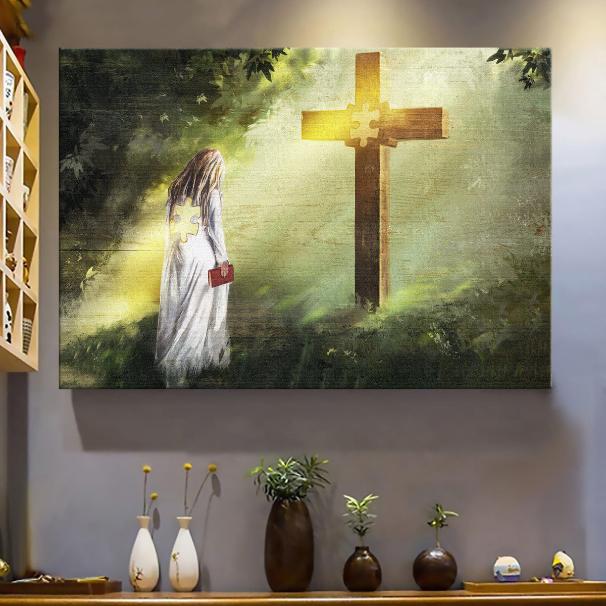 Girl, Cross, Bible, Puzzle piece - Jesus Landscape Canvas Prints, Wall Art