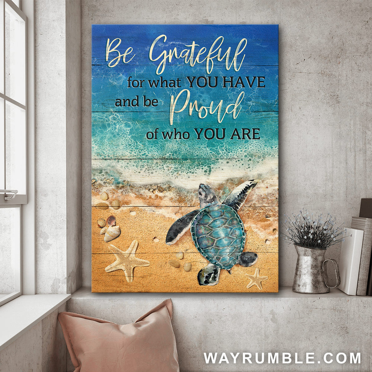 Turtle, On the beach, Be grateful for what you have and be proud of who you are - Jesus Portrait Canvas Prints, Wall Art