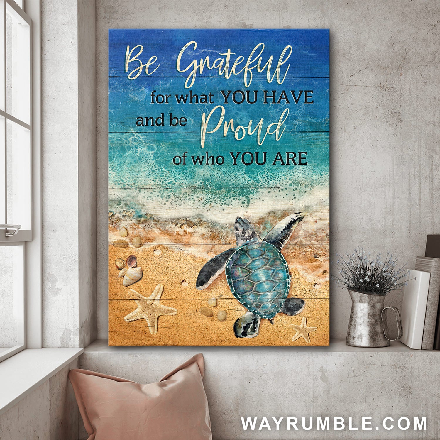 Turtle, On the beach, Be grateful for what you have and be proud of who you are - Jesus Portrait Canvas Prints, Wall Art