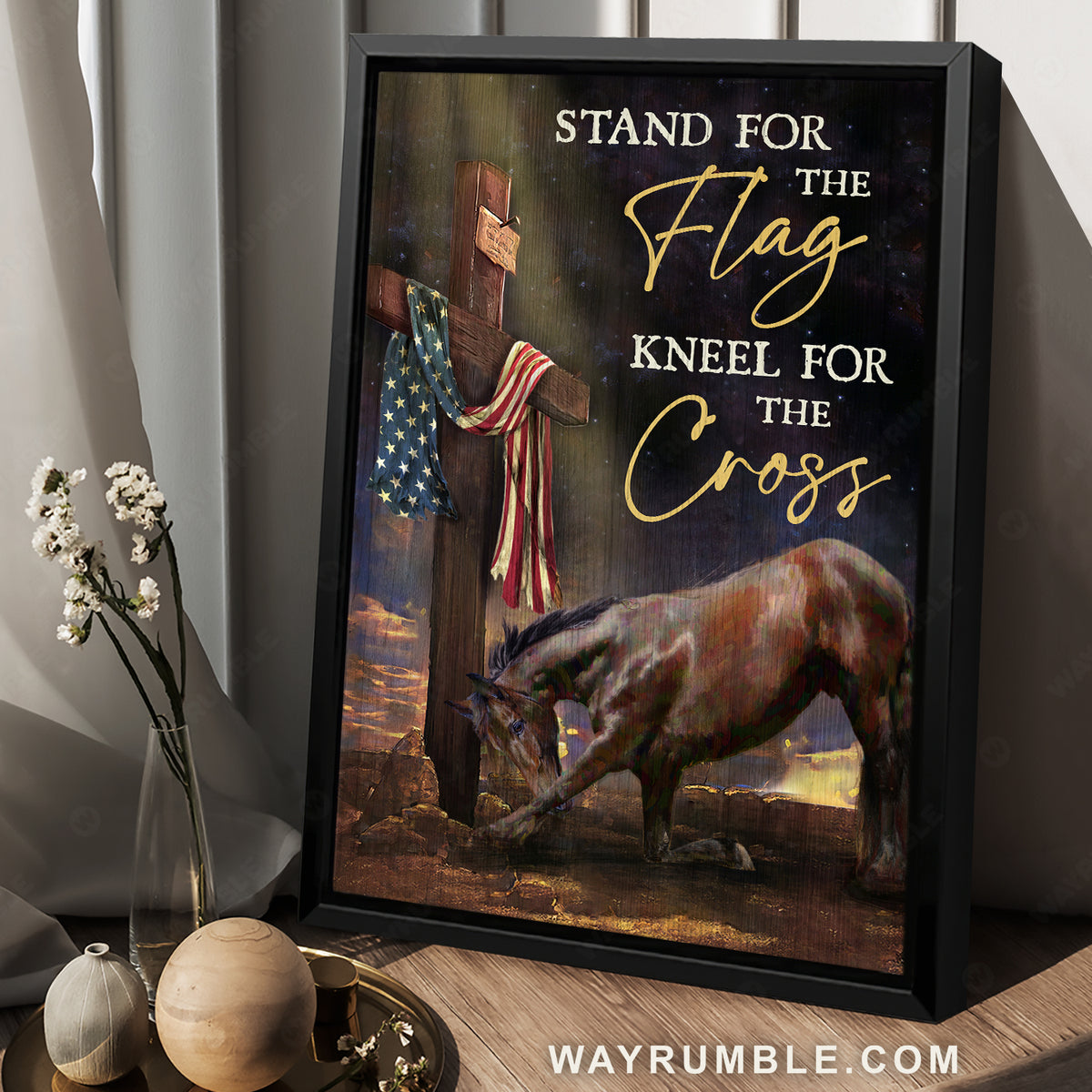 Black horse drawing, Cross painting, US flag, Stand for the flag - Jesus Portrait Canvas Prints, Christian Wall Art