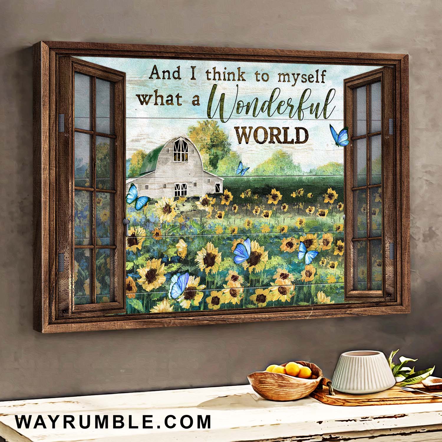 Sunflower Filed, Blue butterflies, Outside the window, And I think to myself what a wonderful world it is - Jesus Landscape Canvas Prints, Wall Art