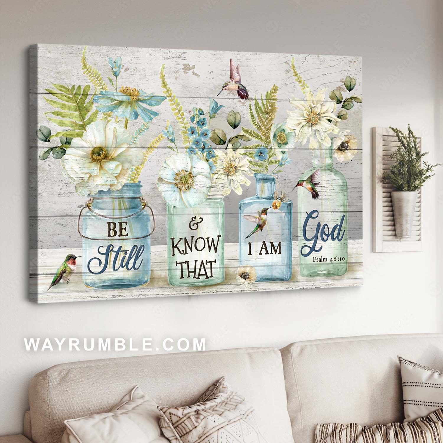 Hummingbird painting, Pretty flower vase, Vintage art, Be still & know that I am God - Jesus Landscape Canvas Prints, Home Decor Wall Art