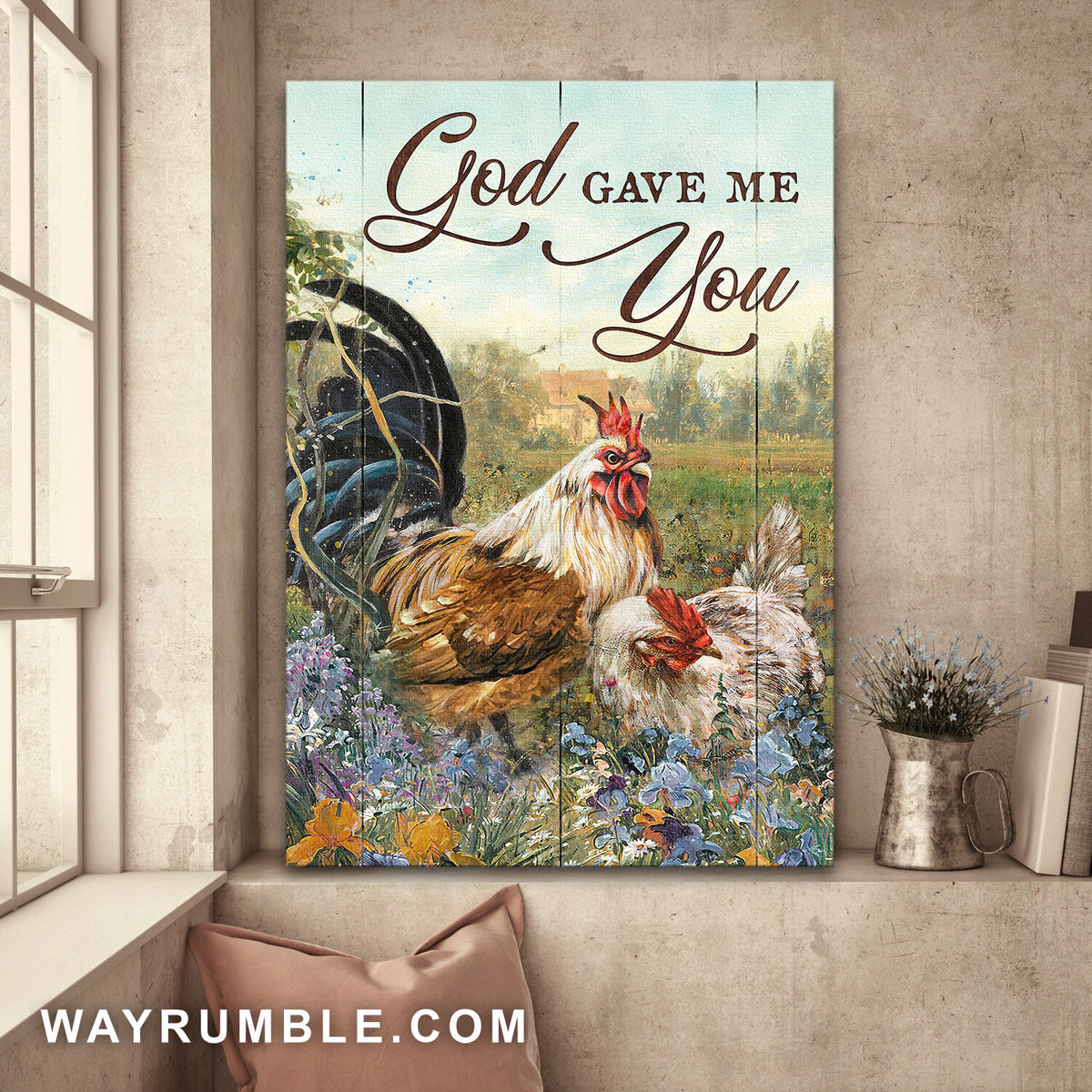 Chicken couple, Flower Field, God gave me you - Jesus Portrait Canvas Prints, Wall Art