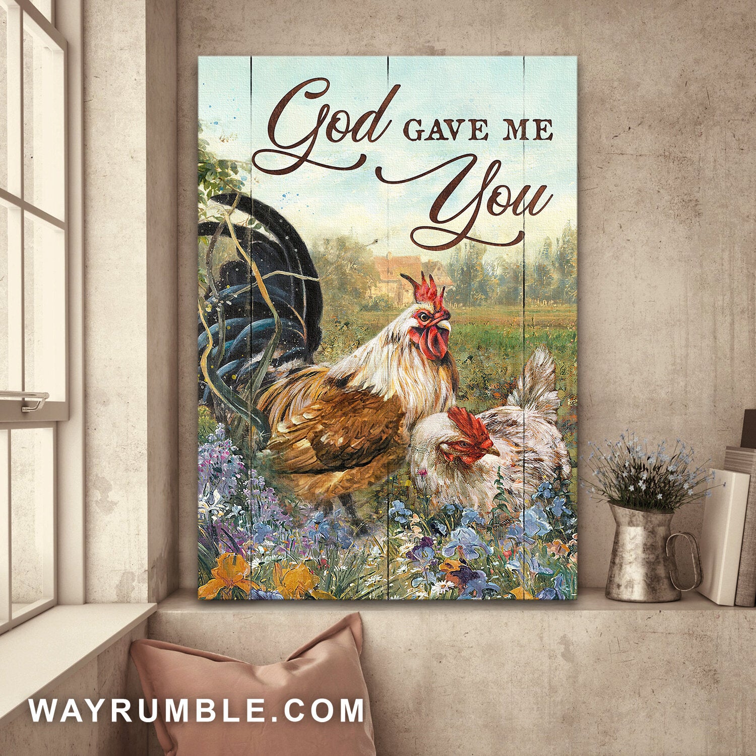 Chicken couple, Flower Field, God gave me you - Jesus Portrait Canvas Prints, Wall Art