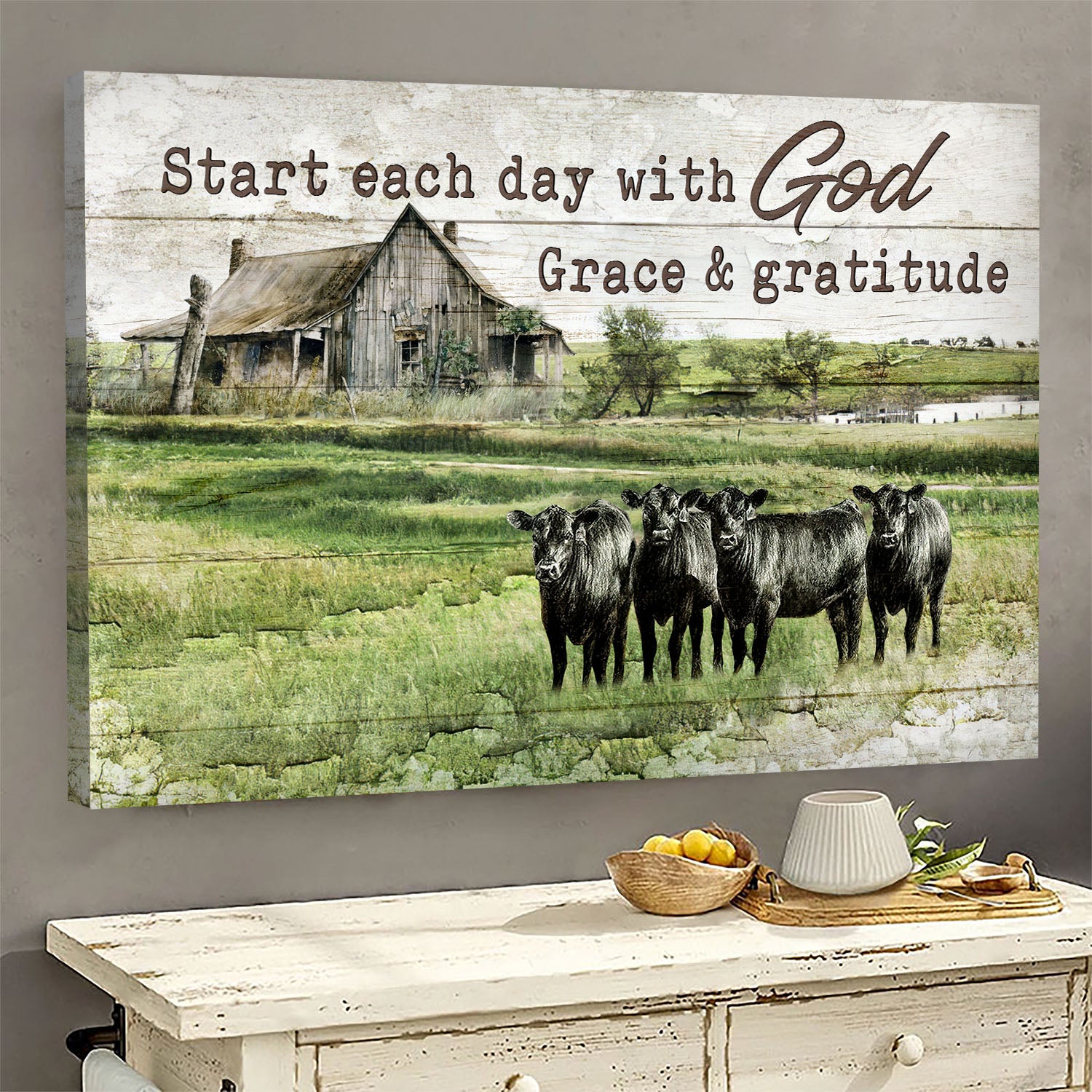 Angus cows, Grassland, Old Barn Painting, Start each day with God grace and gratitude - Jesus Landscape Canvas Prints, Wall Art