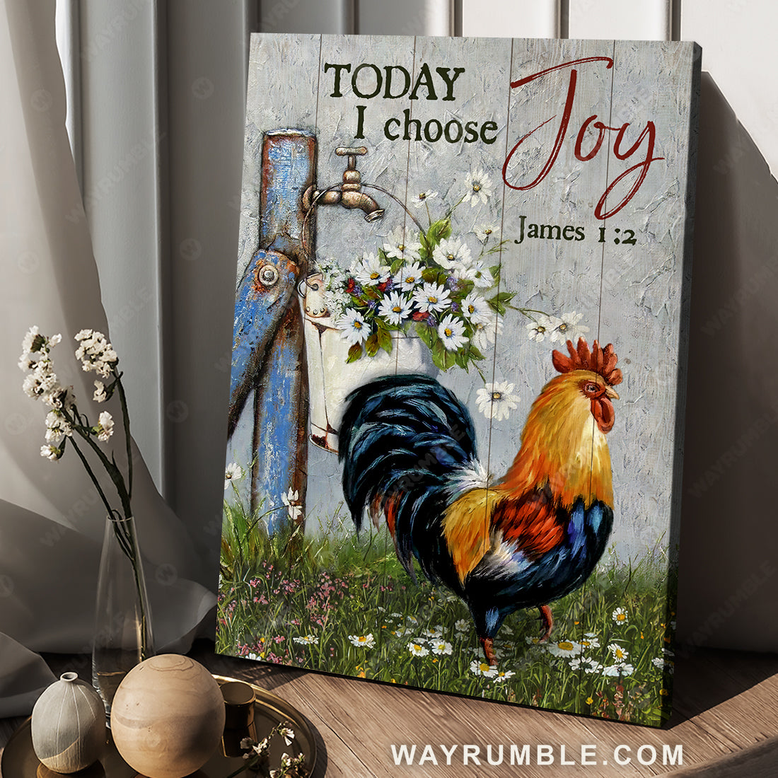 Watercolor rooster, Daisy field, Meadow land, Today I choose joy - Jesus Portrait Canvas Prints, Christian Wall Art