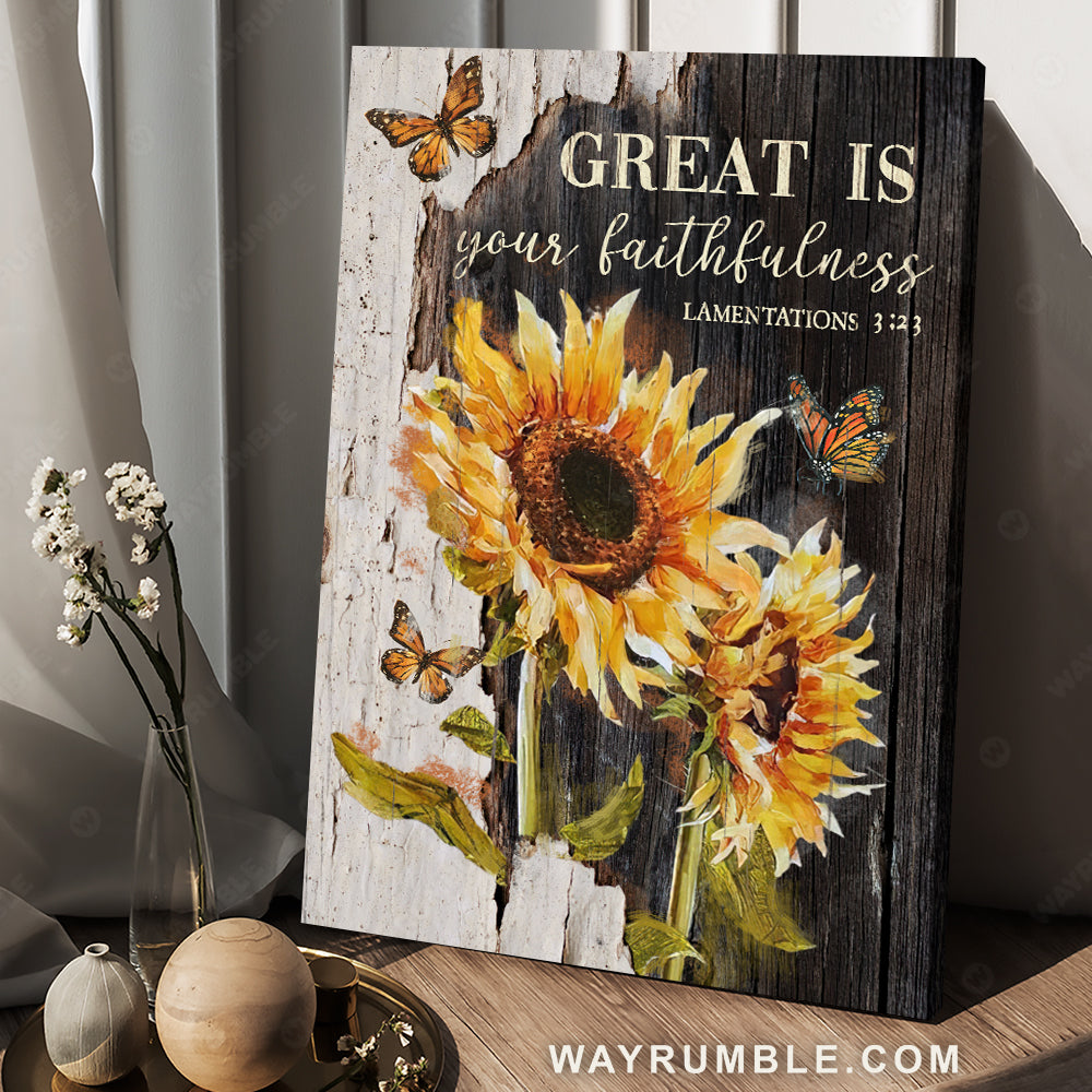 Bible verse, Watercolor sunflower, Monarch butterfly, Great is your faithfulness - Jesus Portrait Canvas Prints, Home Decor Wall Art