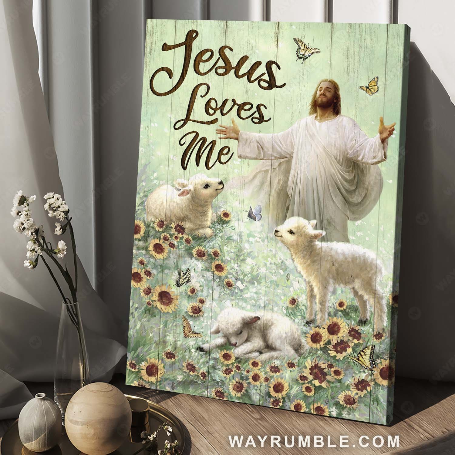 Lamb of God, Jesus painting, Sunflower field, Monarch butterfly, Jesus loves me - Jesus Portrait Canvas Prints, Christian Wall Art