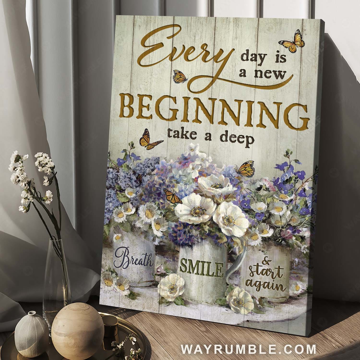 Watercolor flower, Monarch butterfly, Vintage art, Every day is a new beginning - Jesus Portrait Canvas Prints, Home Decor Wall Art