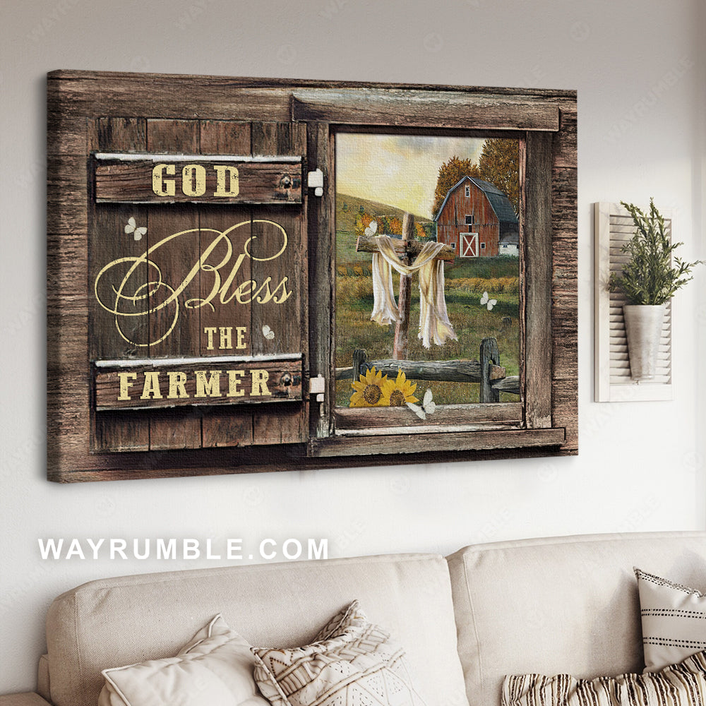 Farm painting, Wooden cross, Red barnhouse, God bless the farmer - Jesus Landscape Canvas Prints, Home Decor Wall Art