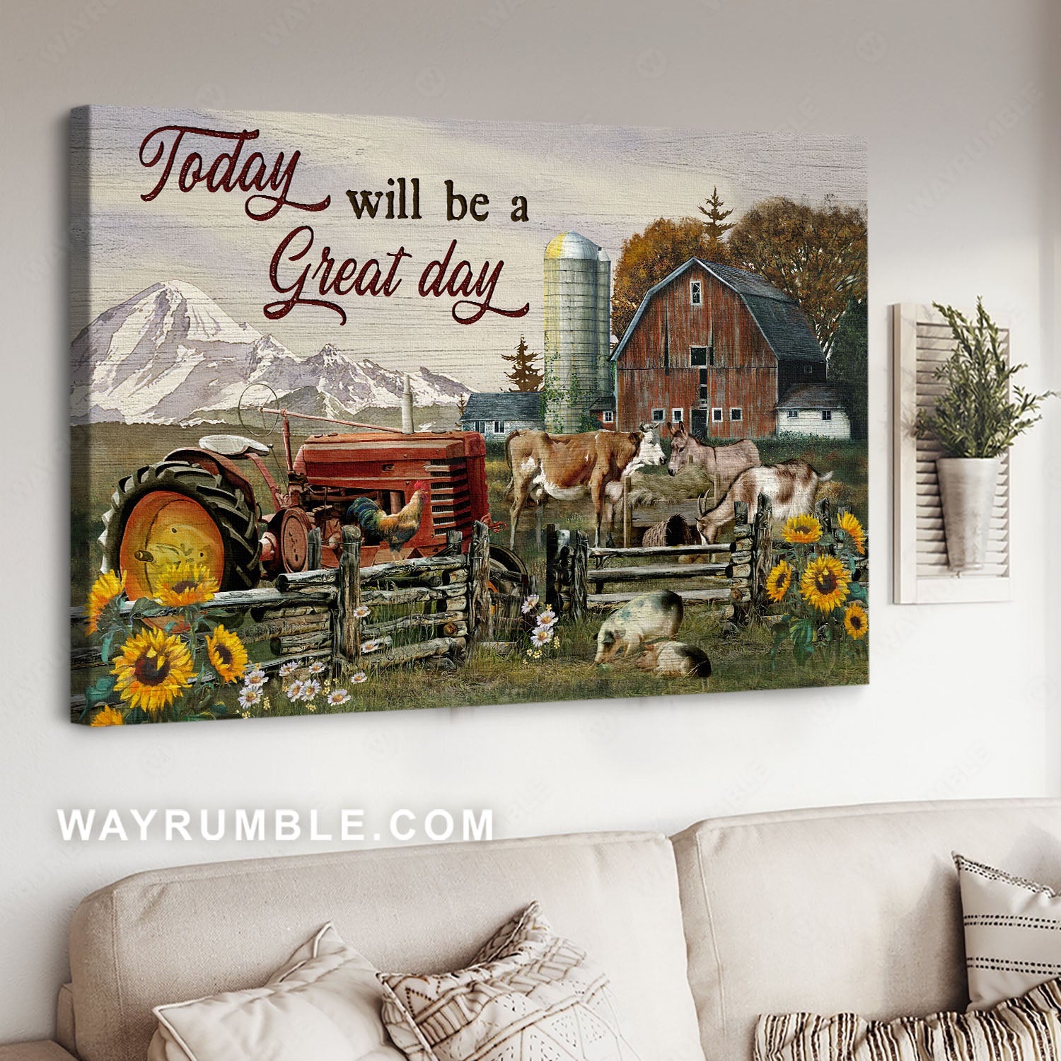 Farm animals, Farmhouse, Sunflower painting, Today will be a great day - Jesus Landscape Canvas Prints, Home Decor Wall Art