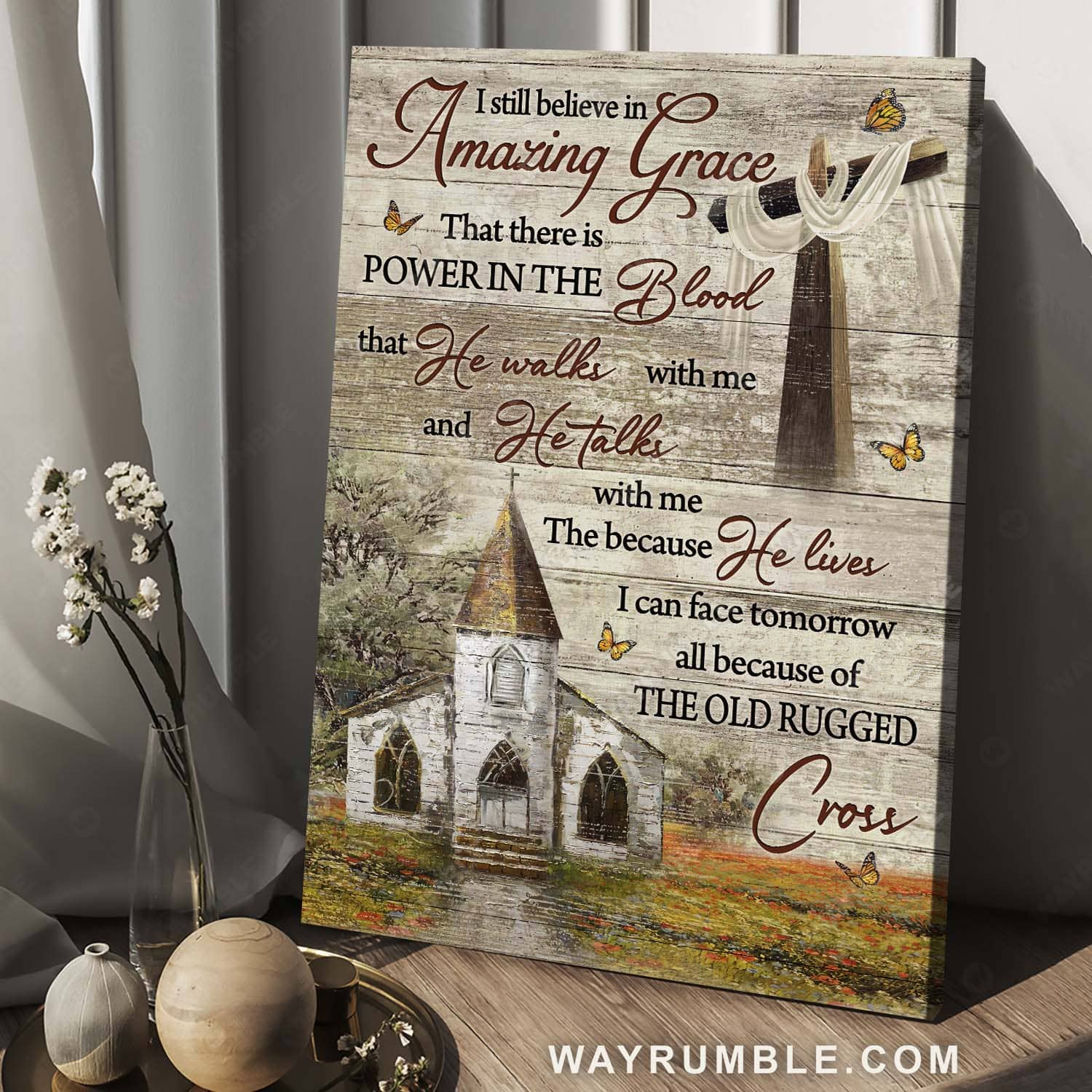 Vintage church, Monarch butterfly, Old rugged cross, I still believe in amazing grace - Jesus Portrait Canvas Prints, Home Decor Wall Art