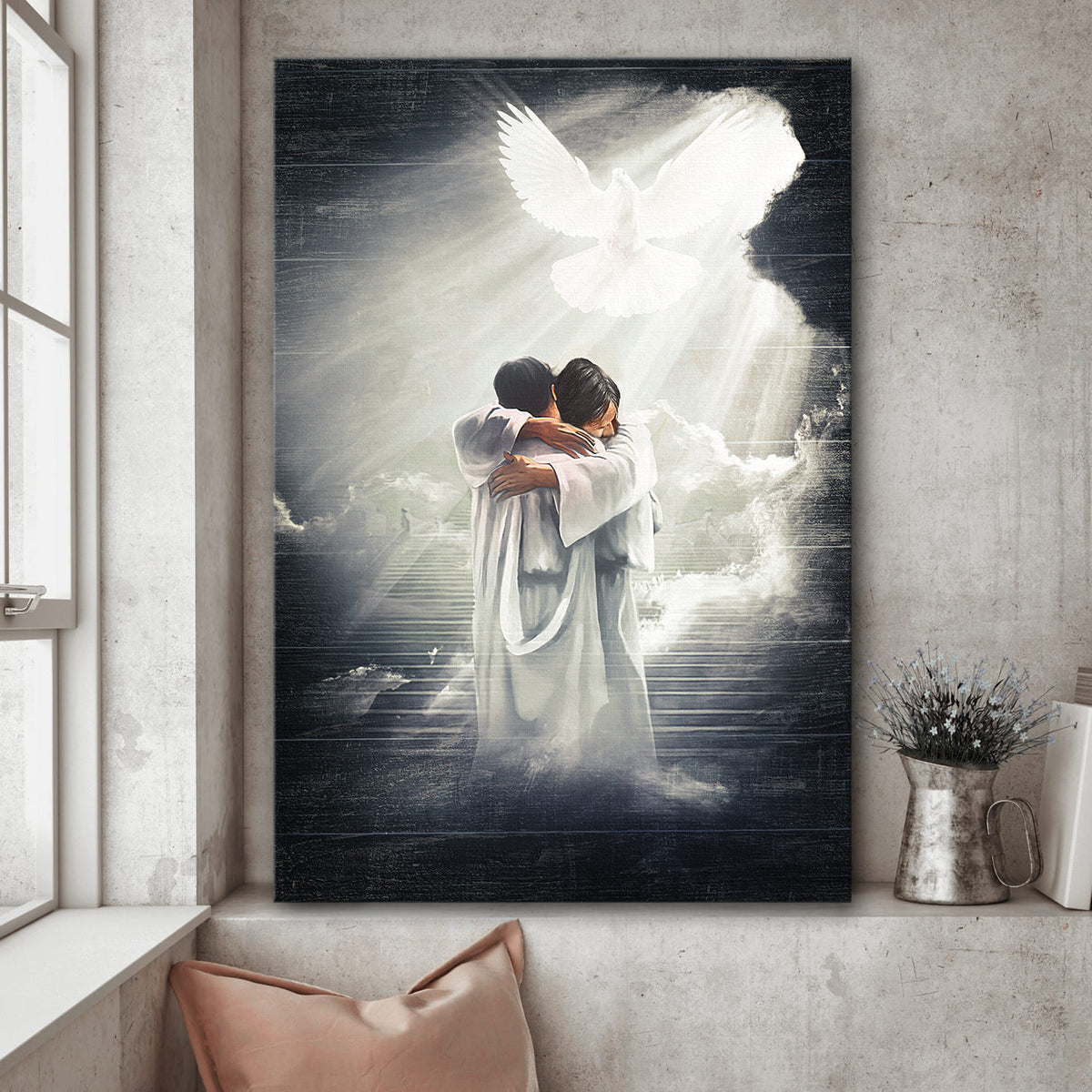 Jesus hugging man, Mystic light, Dove - Jesus Portrait Canvas Prints, Wall Art