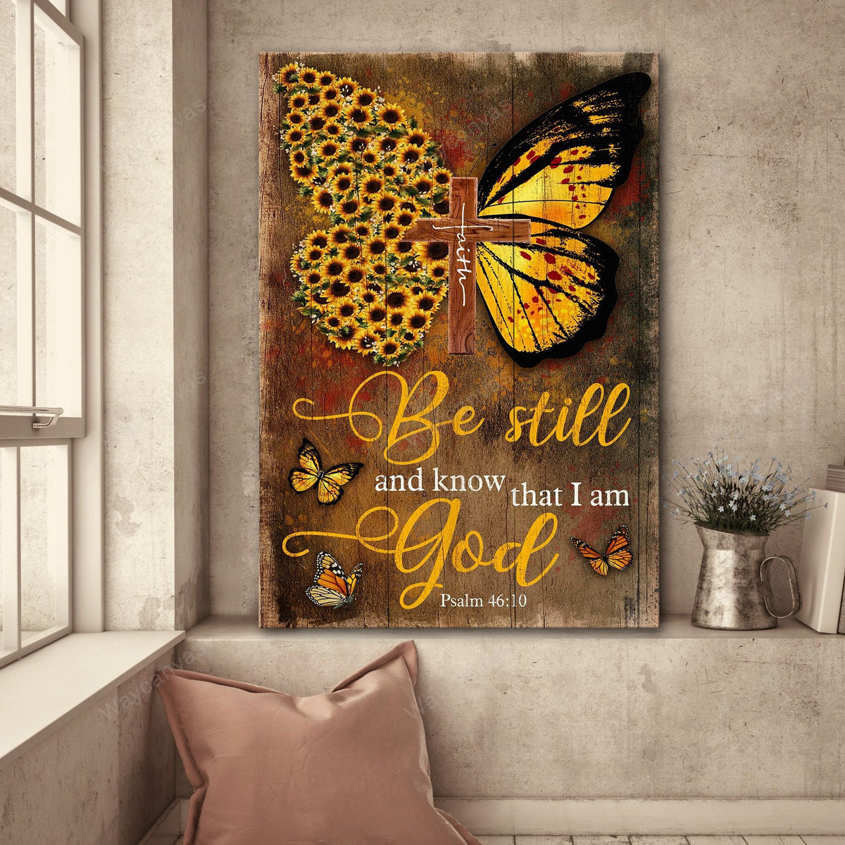 Yellow Butterfly, Sunflower, Wooden Cross, Be till and know that I am God - Jesus Portrait Canvas Prints, Wall Art