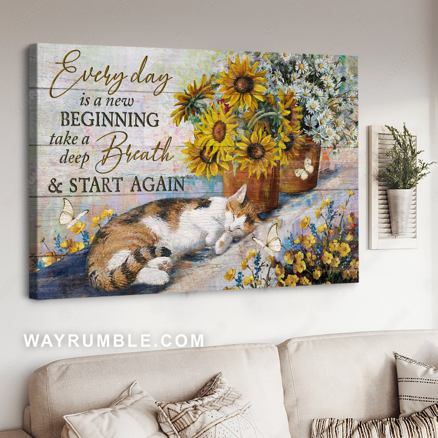 Flower garden, Cat painting, White butterfly, Every day is a new beginning - Jesus Landscape Canvas Prints, Home Decor Wall Art
