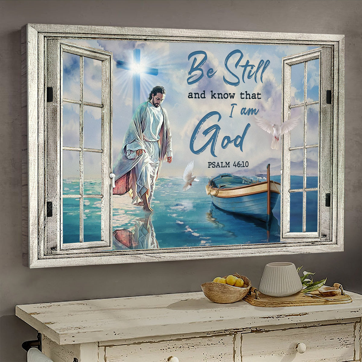 Jesus walking on the water, Light cross, Be still and know that I am God - Jesus, Window Frame Landscape Canvas Prints, Wall Art