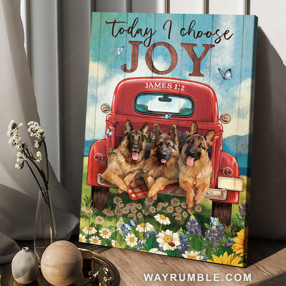 German Shepherd, Lovely flower field, Awesome red truck, Today I choose joy - Jesus Portrait Canvas Prints, Christian Wall Art