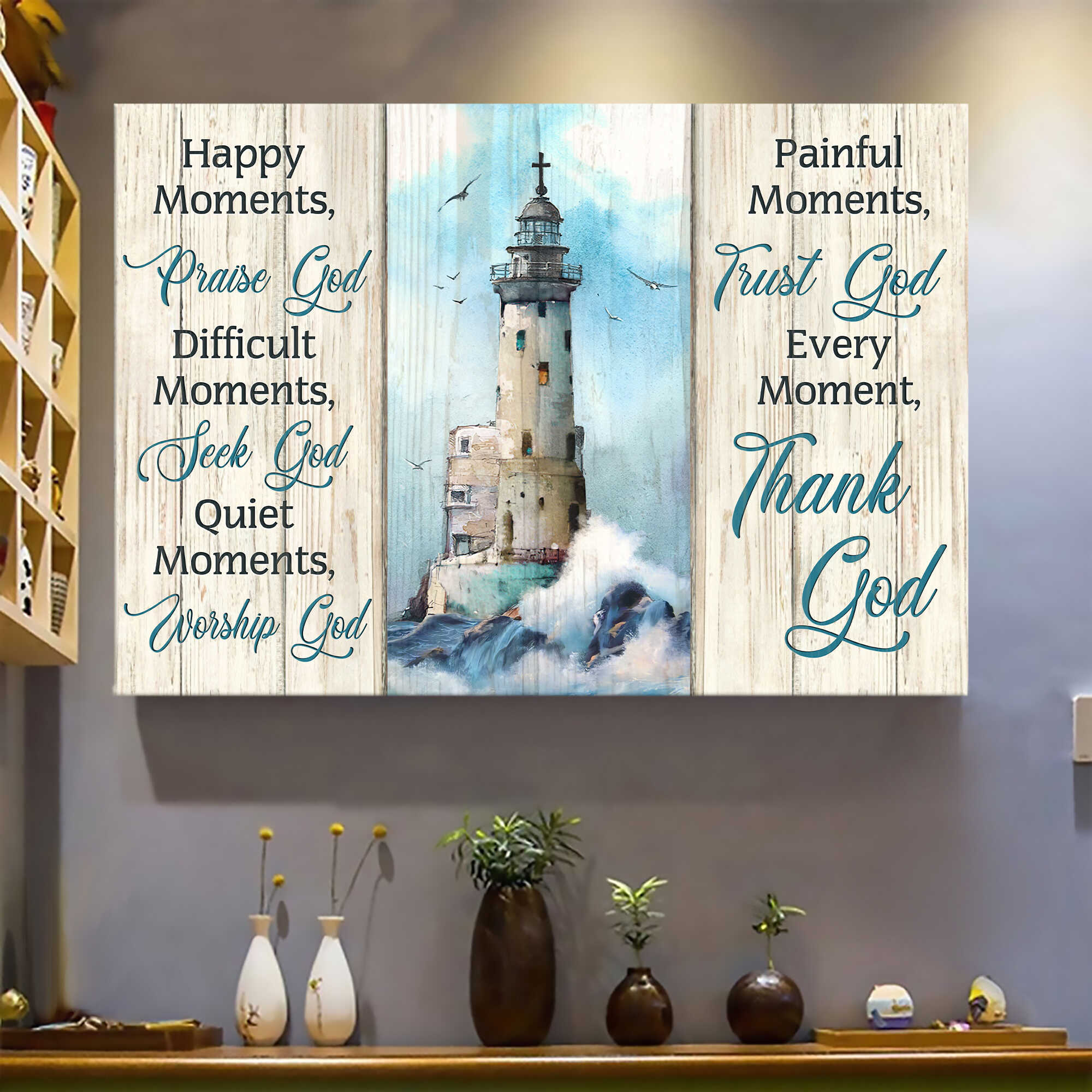 Christ lighthouse, Beach painting, Every moment, thank God - Jesus Landscape Canvas Prints, Wall Art
