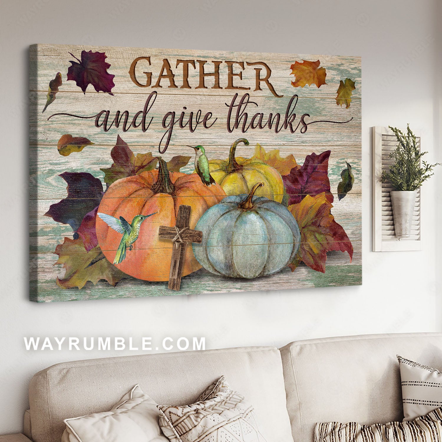 Autumn season, Colorful pumpkin, Watercolor hummingbird, Gather and give thanks - Jesus Landscape Canvas Prints, Home Decor Wall Art
