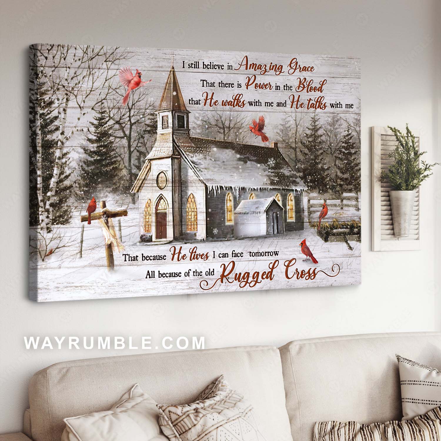 Catholic church painting, Red cardinal, Winter season, I still believe in amazing grace - Jesus Landscape Canvas Prints, Home Decor Wall Art