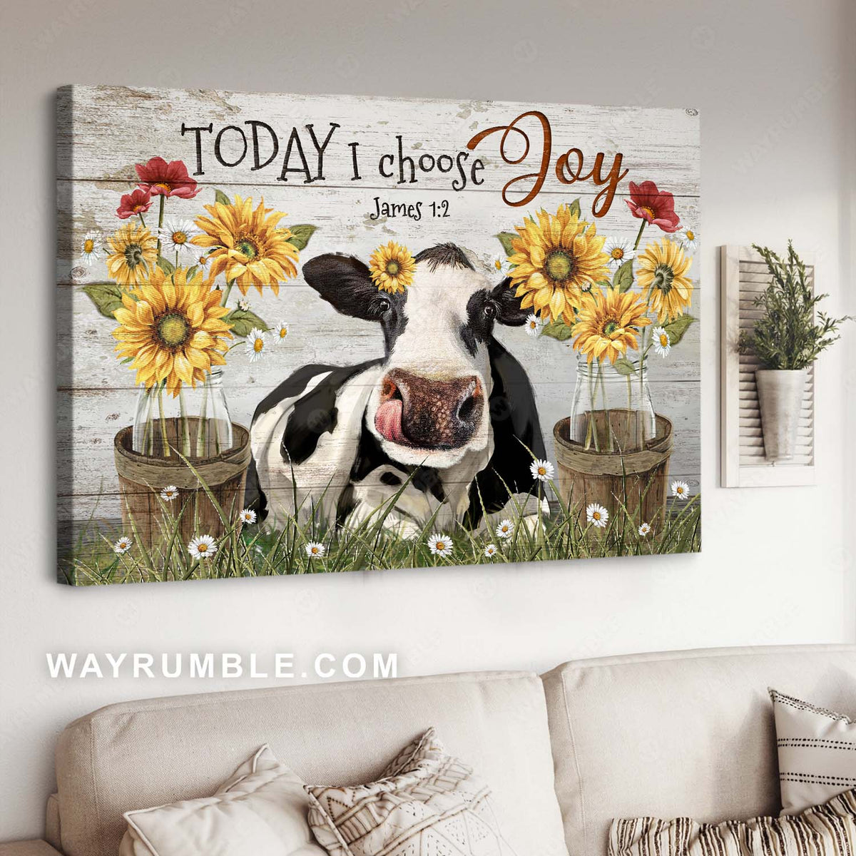 Cute dairy cow, Sunflower jar, Rustic daisy garden, Today I choose joy - Jesus Landscape Canvas Prints, Home Decor Wall Art