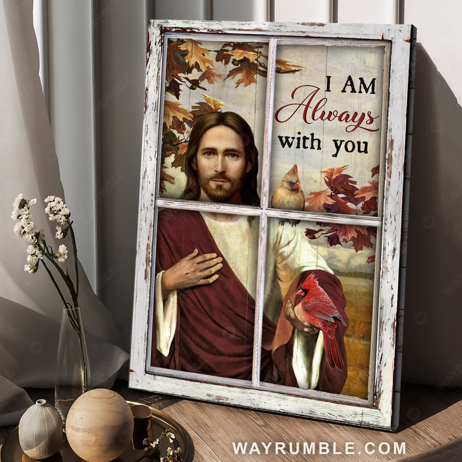 Autumn season, Abstract Jesus painting, Watercolor cardinals, I am always with you - Jesus Portrait Canvas Prints, Christian Wall Art