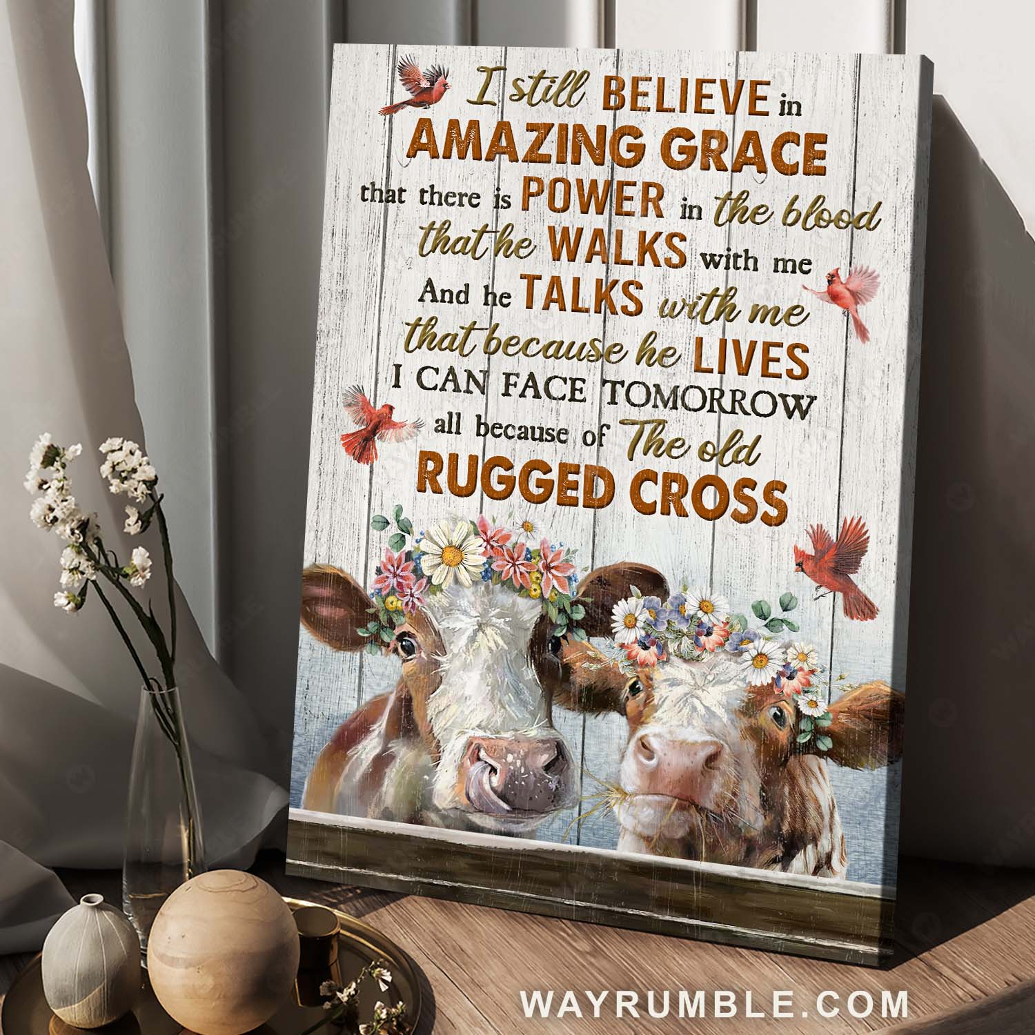 Cow painting, Red cardinal, Lovely flower wreath, I still believe in amazing grace - Jesus Portrait Canvas Prints, Home Decor Wall Art