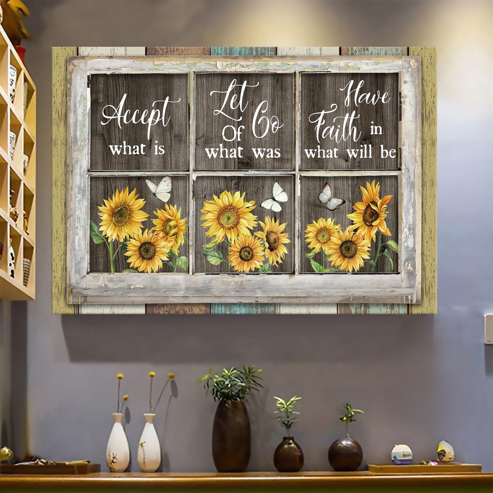 Sunflower, Butterfly, Through the window, Accept, let go, have faith - Jesus Landscape Canvas Prints, Wall Art