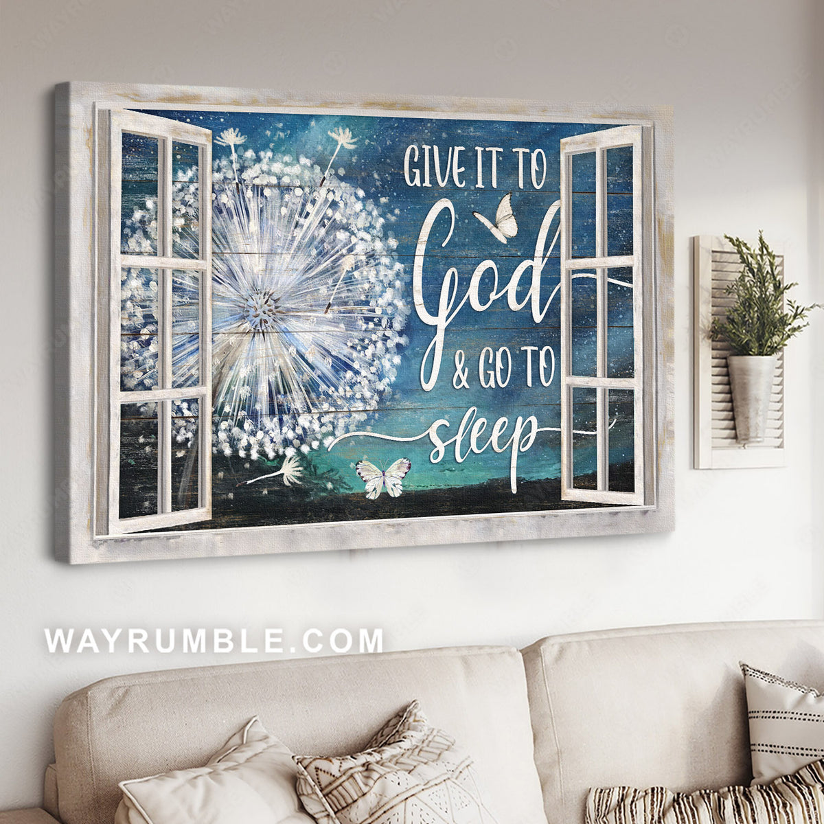 Dandelion painting, White butterfly, Night sky, Give it to God &amp; go to sleep - Jesus Landscape Canvas Prints, Home Decor Wall Art
