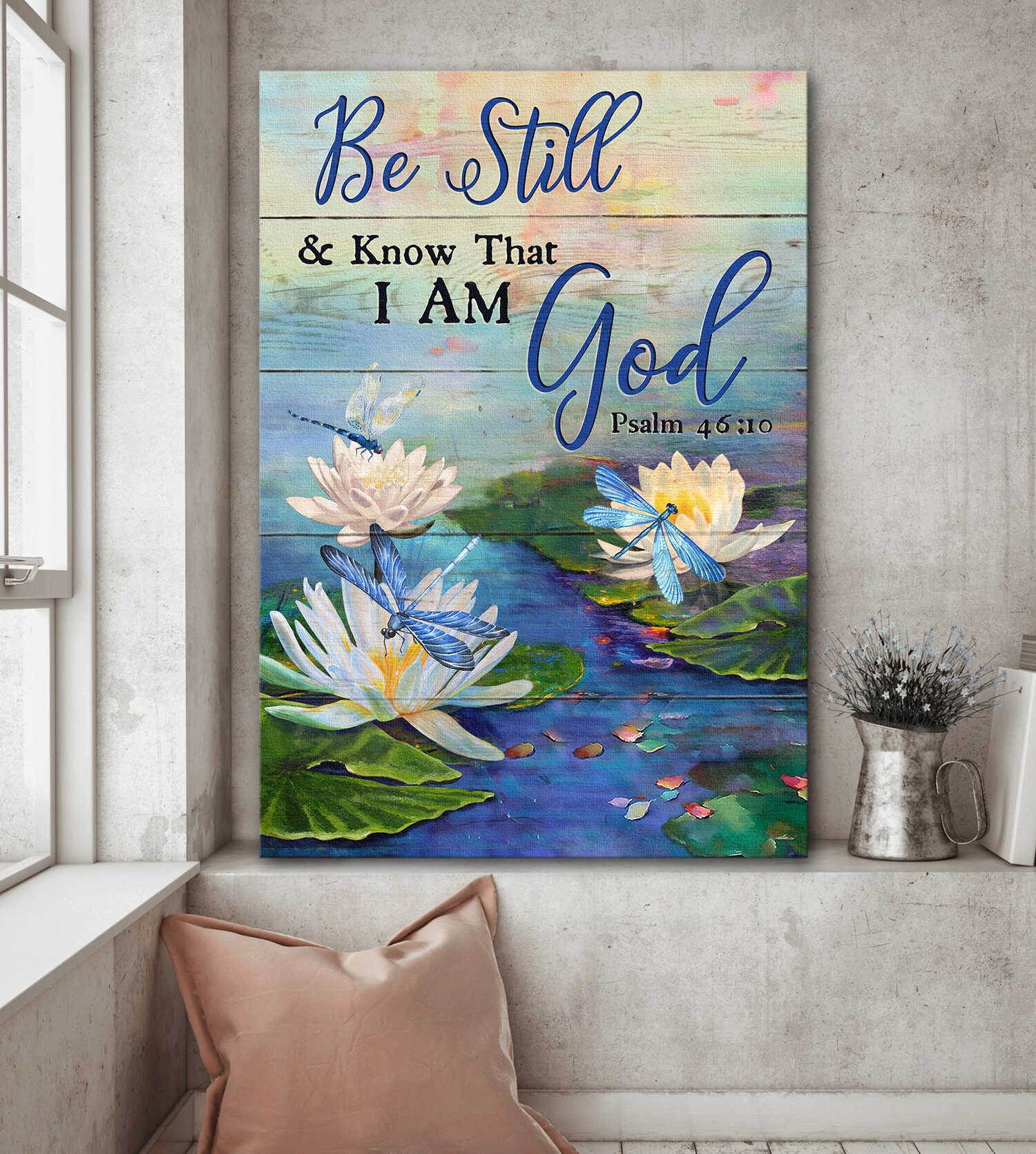 Jesus, Lotus, Dragonfly - Be still and know that I am God Portrait Canvas Prints, Wall Art