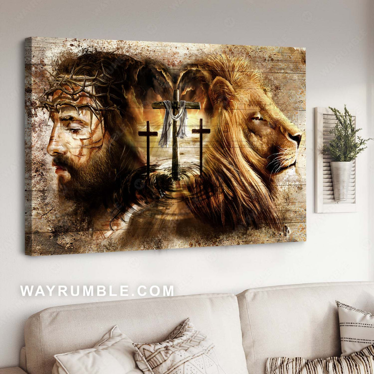 Lion of Judah, Three wooden crosses, Vintage painting, Amazing Jesus drawing - Jesus Landscape Canvas Prints, Christian Wall Art
