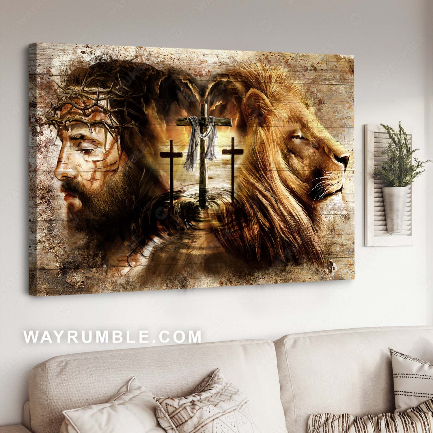 Lion of Judah, Three wooden crosses, Vintage painting, Amazing Jesus drawing - Jesus Landscape Canvas Prints, Christian Wall Art