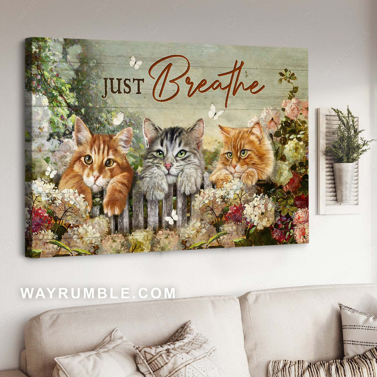 Adorable cat, Stunning flower garden Amazing white butterfly, Just breathe - Jesus Landscape Canvas Prints, Christian Wall Art