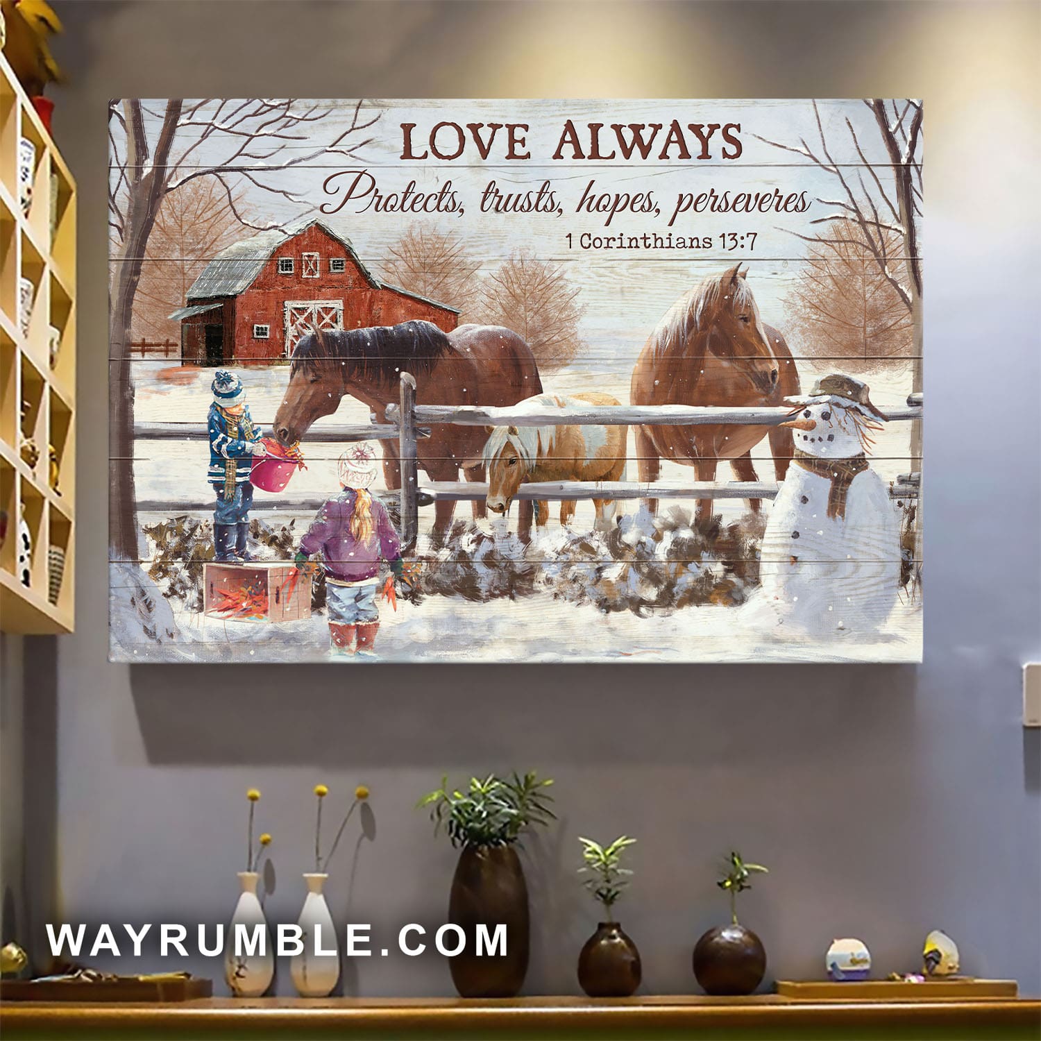 Horse, Snow farm, Feeding, Love always protects, trusts, hopes, perseveres - Jesus Landscape Canvas Prints, Wall Art