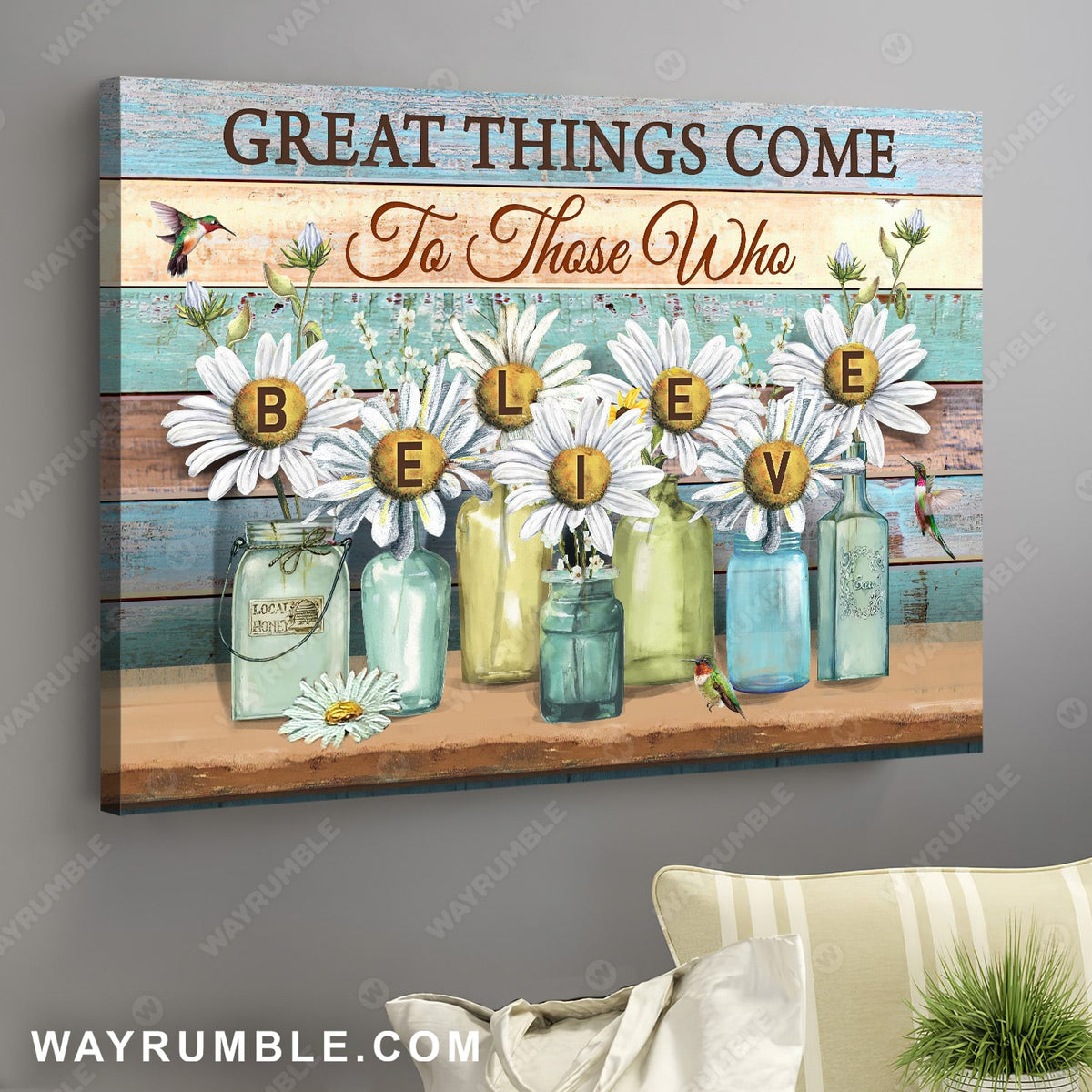 Daisy, Hummingbird, Faith, Great things come to those who believe - Jesus Landscape Canvas Prints, Wall Art