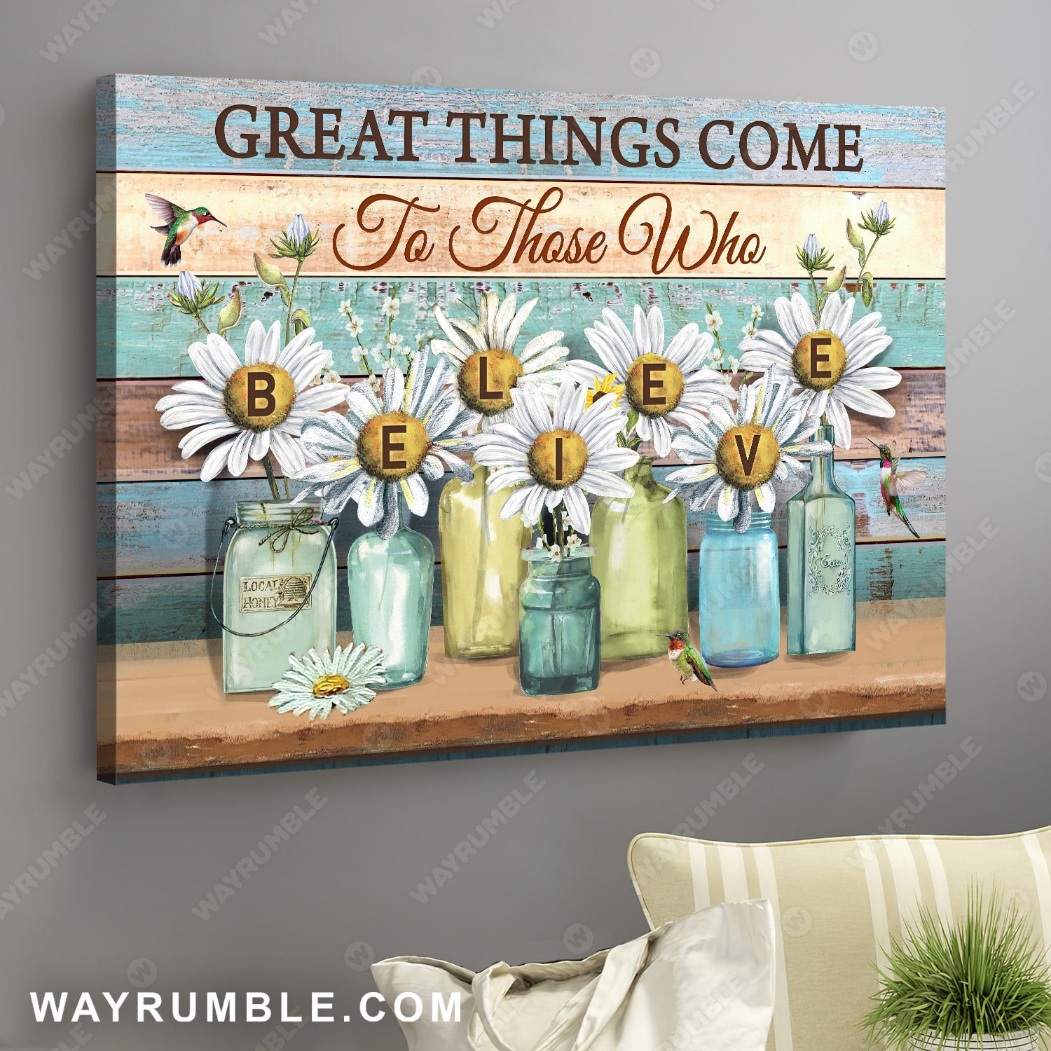 Daisy, Hummingbird, Faith, Great things come to those who believe - Jesus Landscape Canvas Prints, Wall Art