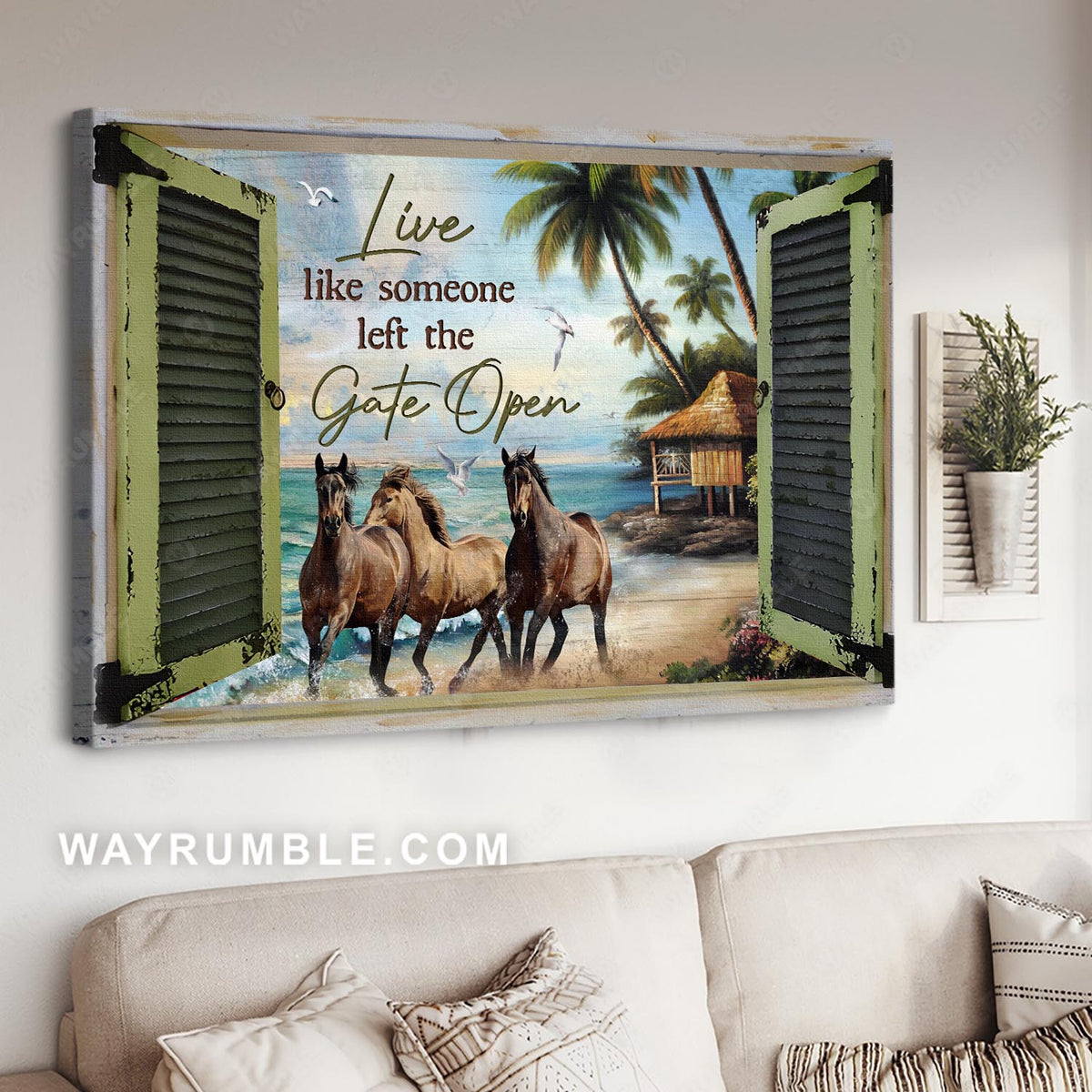 Brown horses, On the beach, Tropical island, Live like someone left the gate open - Jesus Landscape Canvas Prints, Home Decor Wall Art