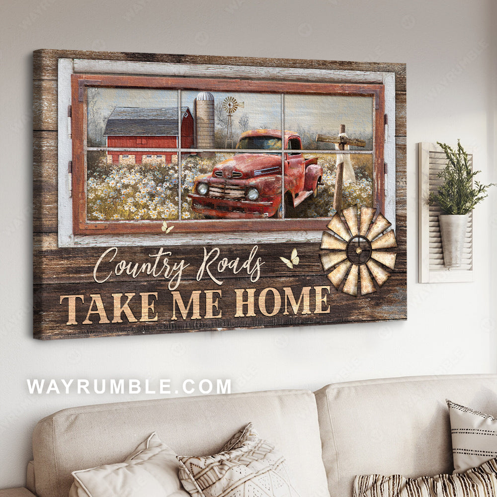 Old red truck, Wooden cross, Tranquil flower field, Country roads take me home - Jesus Landscape Canvas Prints, Christian Wall Art