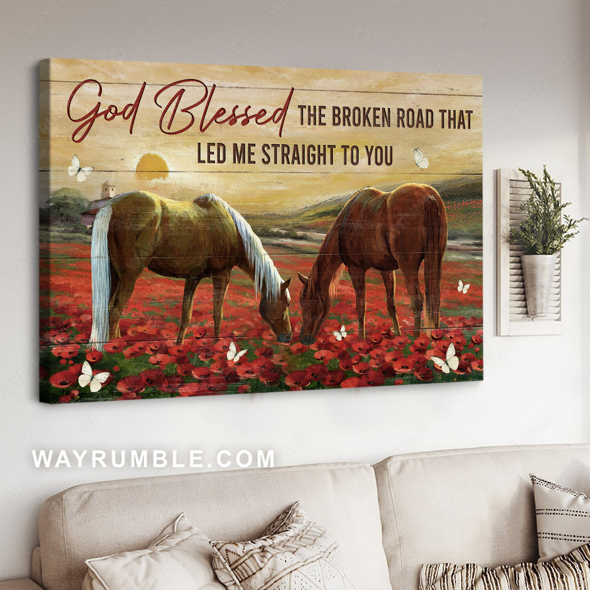 Horse painting, White butterfly, Poppy flower field, God blessed the broken road - Jesus Landscape Canvas Prints, Home Decor Wall Art