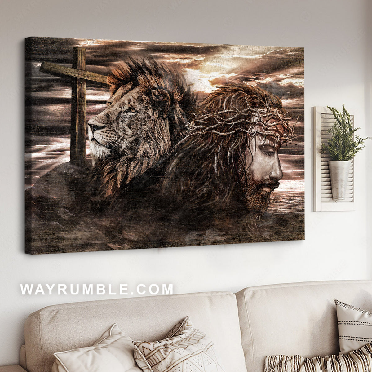 Awesome lion head, Lion of Judah, Jesus painting, Wooden cross on hill - Jesus Landscape Canvas Prints, Christian Wall Art