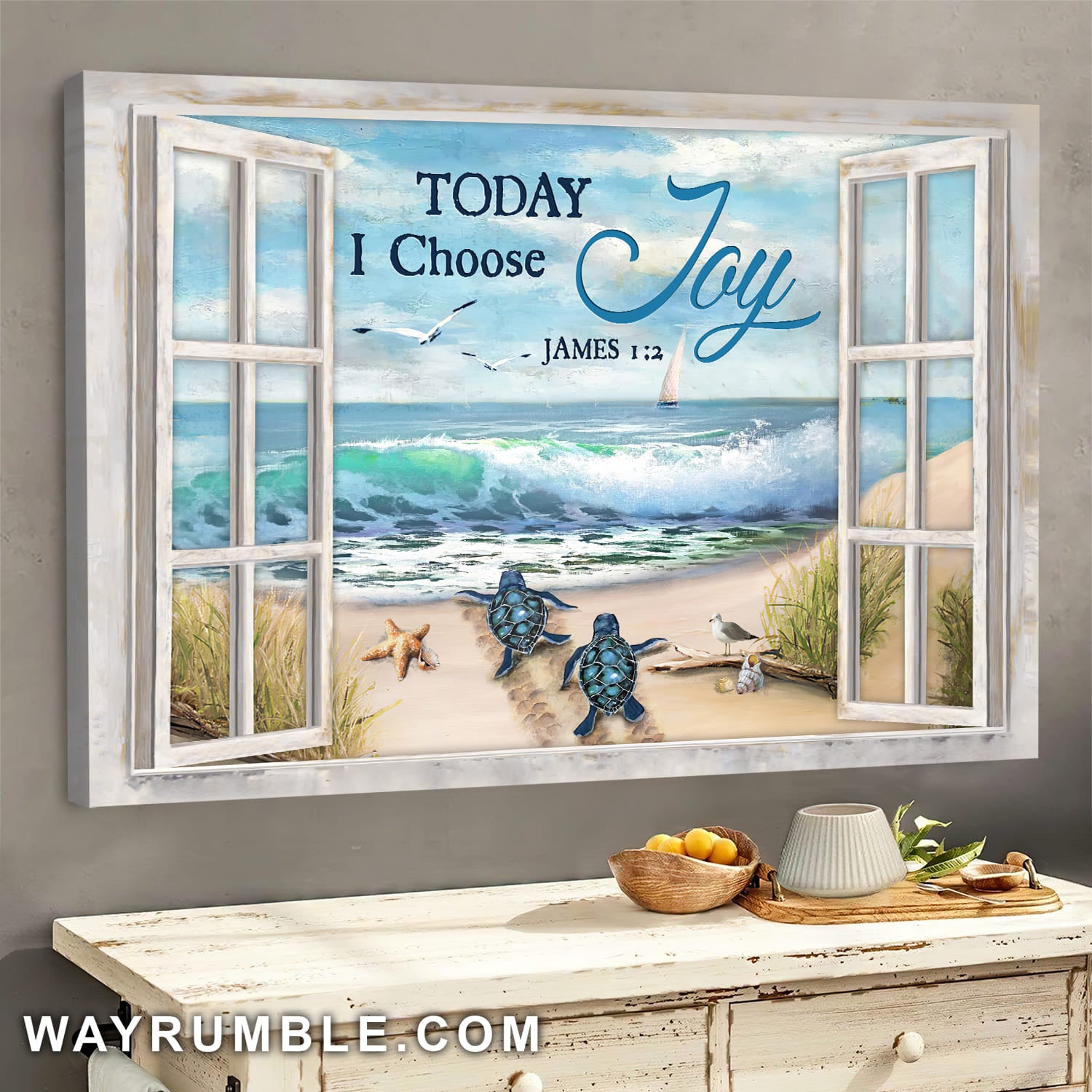 Turtle, Beach, Seagull, Today I choose joy - Jesus Landscape Canvas Prints, Wall Art