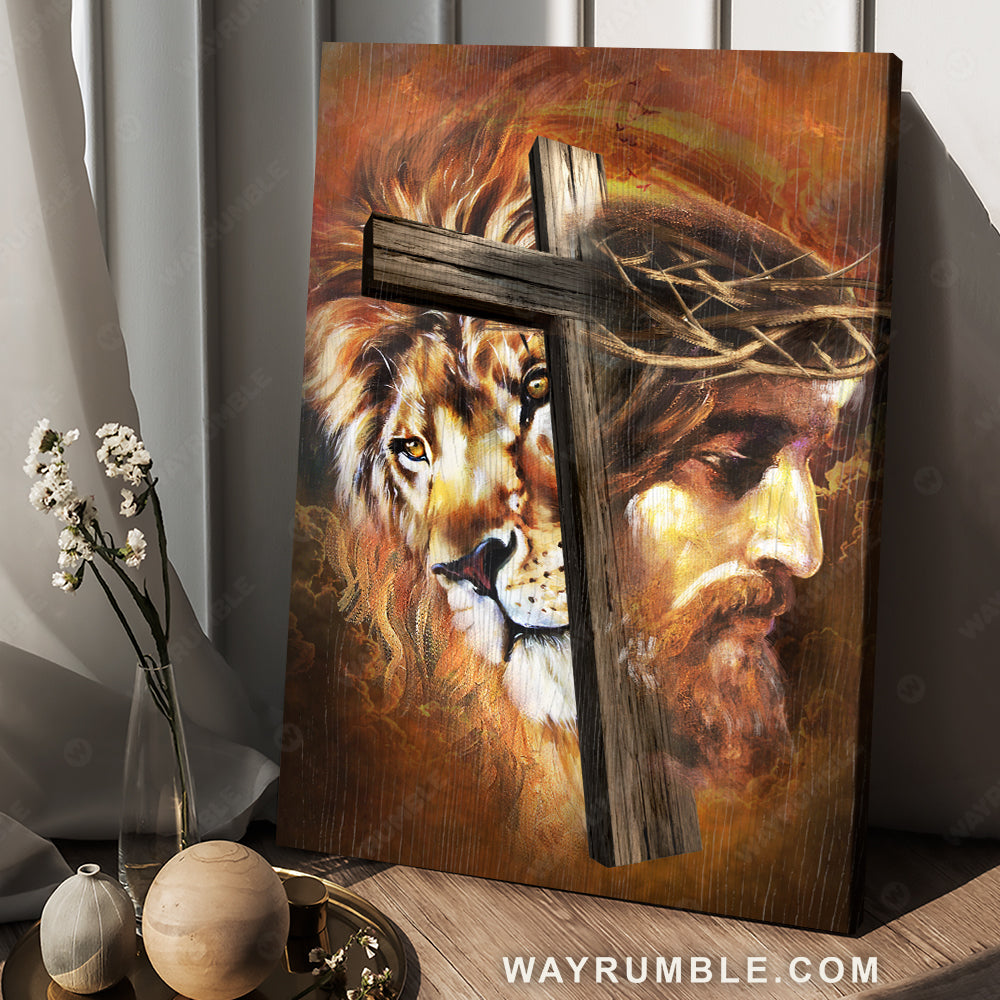 Amazing Jesus painting, Lion of Judah, Crown of thorns, Wooden cross - Jesus Portrait Canvas Prints, Christian Wall Art