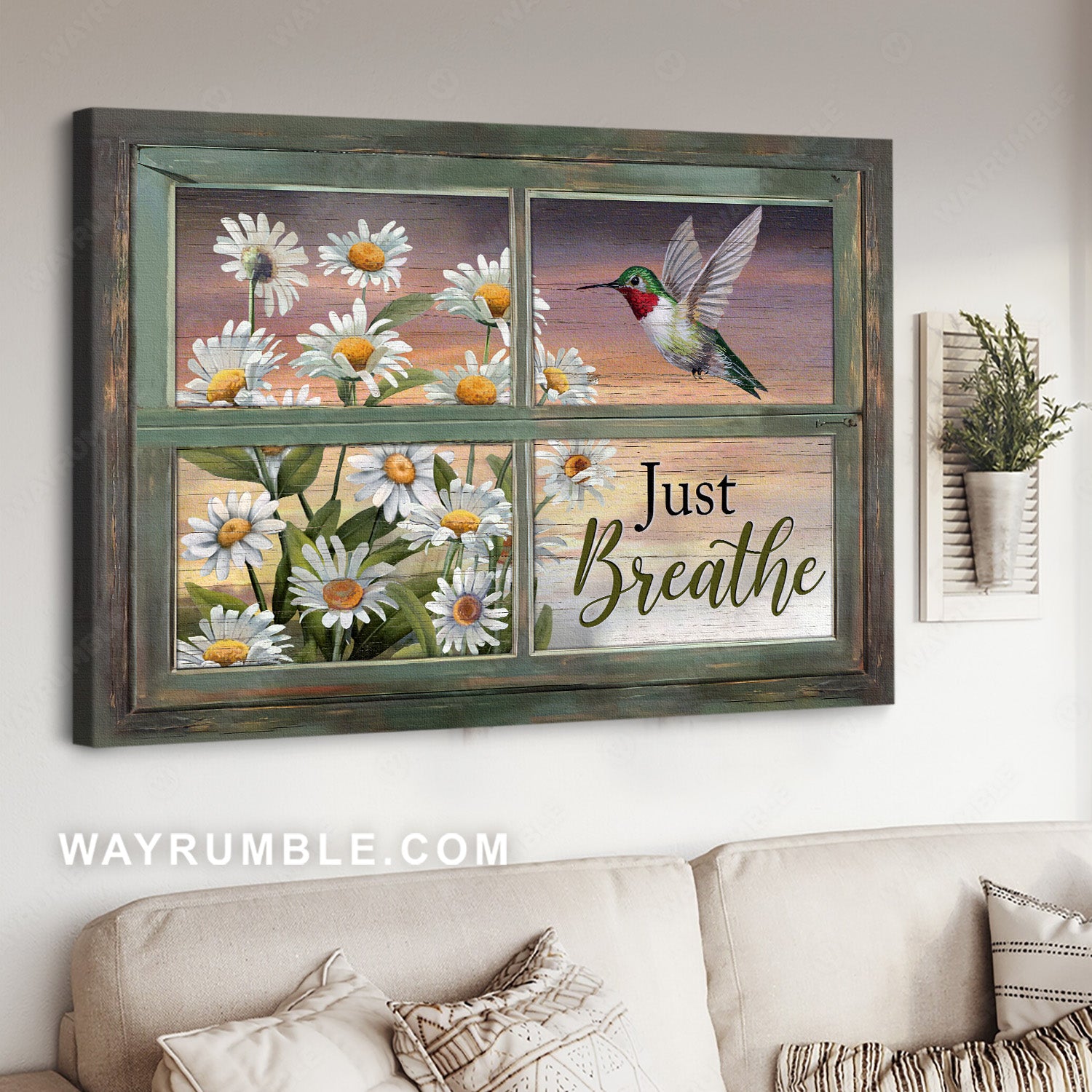 Daisy flower, Hummingbird painting, Vintage window, Just breathe - Jesus Landscape Canvas Prints, Home Decor Wall Art