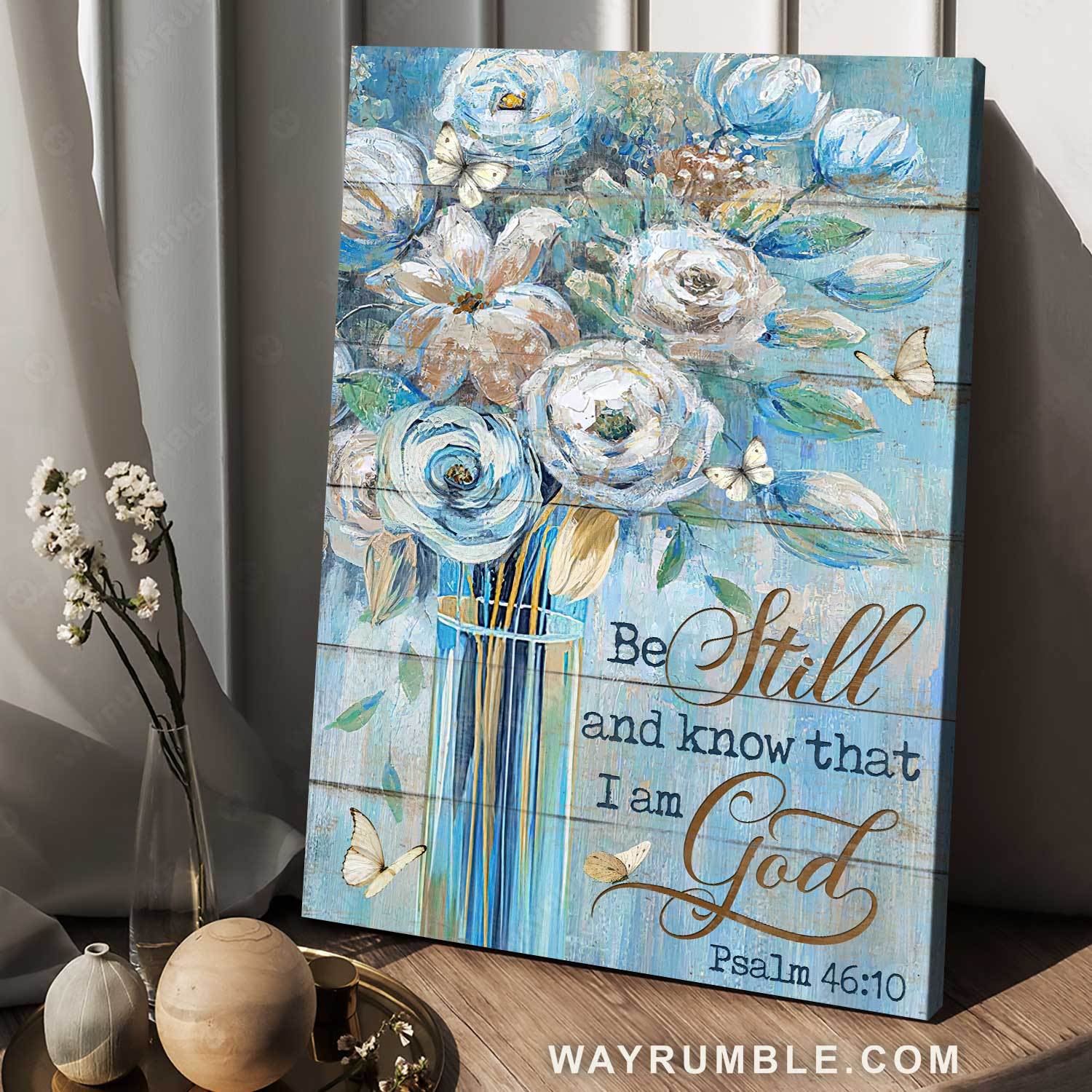 Pretty flower painting, White butterfly, Bible verse, Be still & know that I am God - Jesus Portrait Canvas Prints, Christian Wall Art