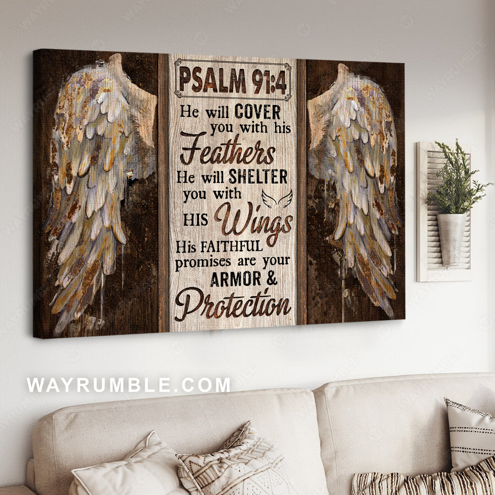Vintage wings, Christian gift, Bible verse, He will cover you with his feathers - Jesus Landscape Canvas Prints, Home Decor Wall Art