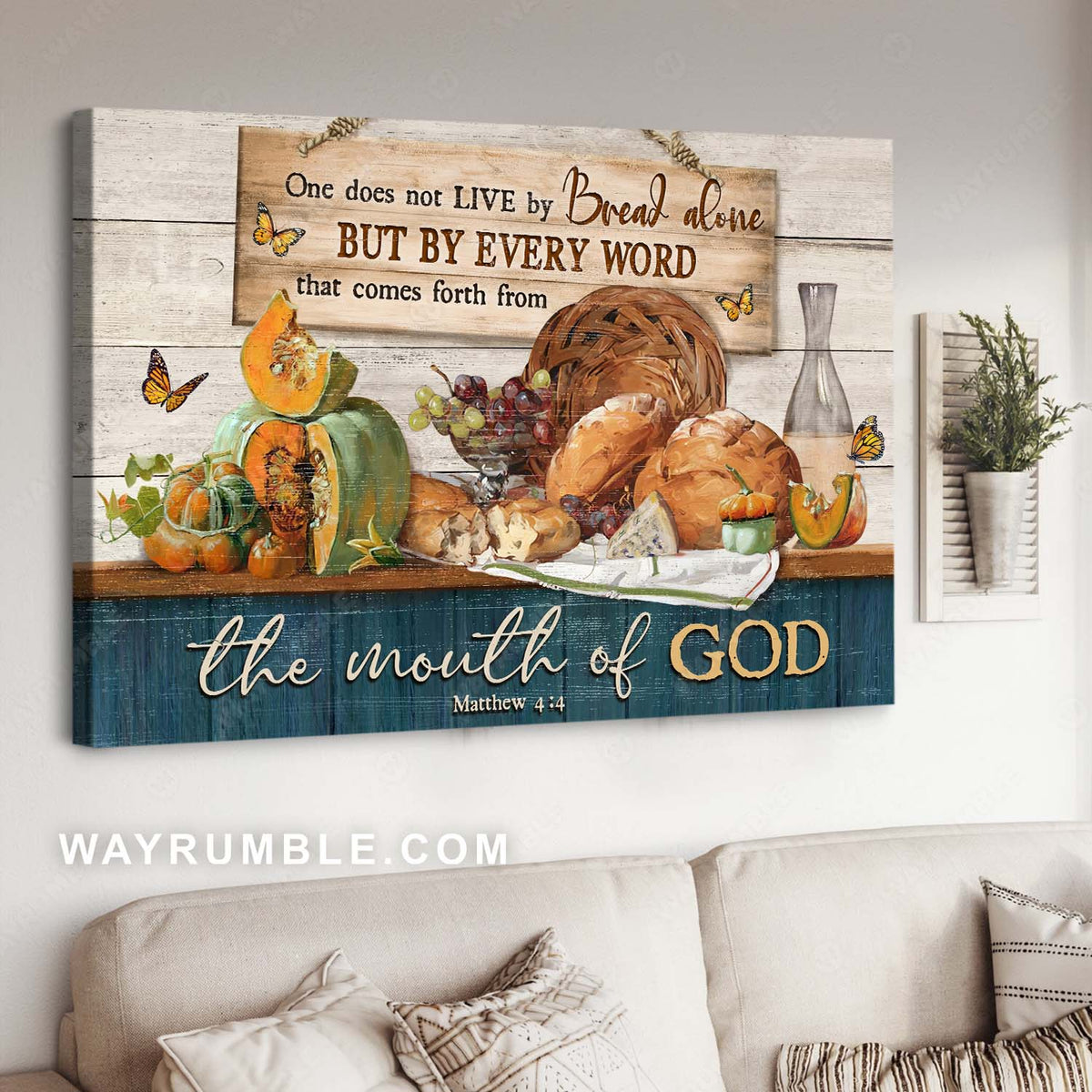 Bible verse, Food drawing, Monarch butterfly, One does not live by bread alone - Jesus Landscape Canvas Prints, Home Decor Wall Art