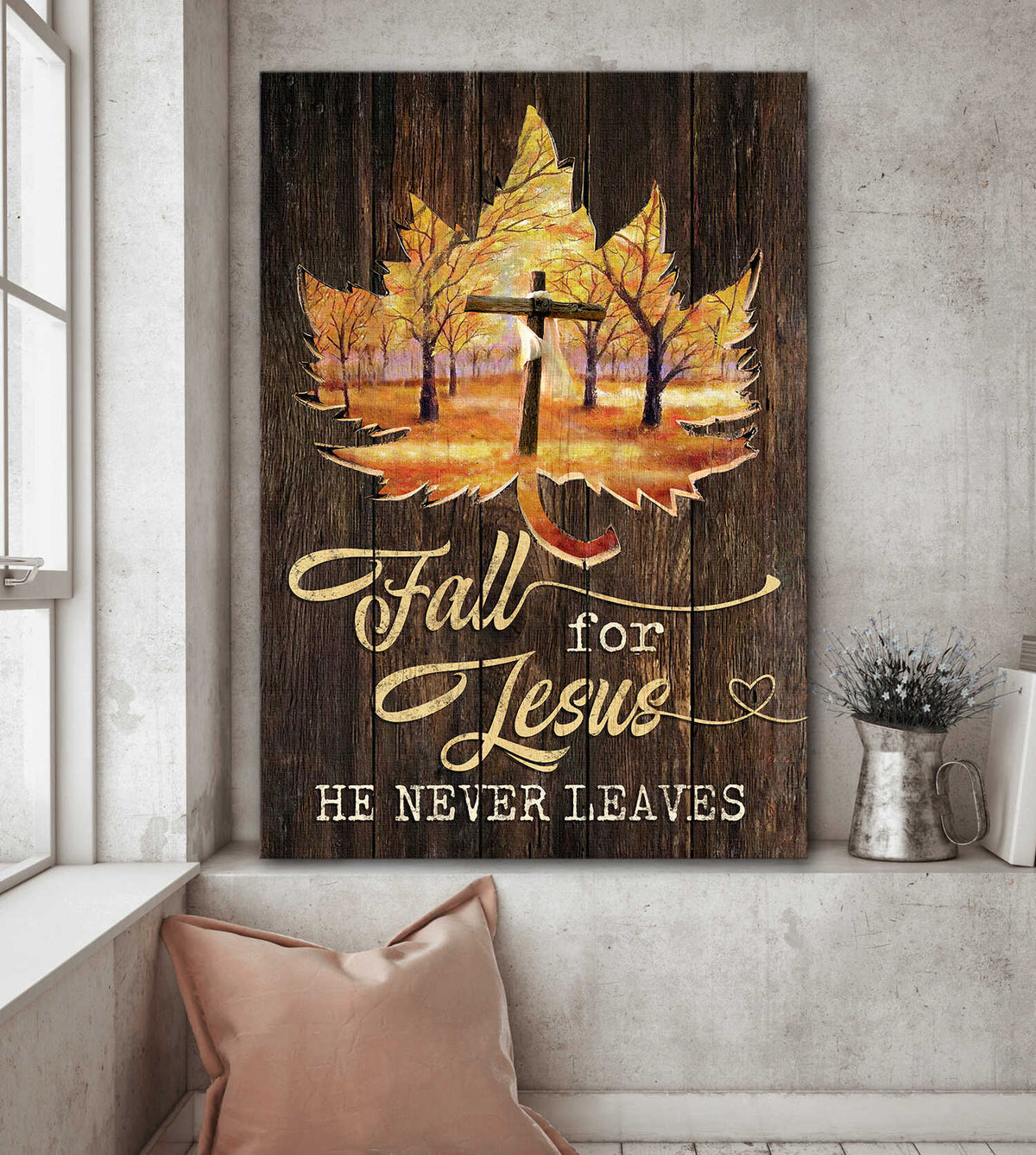 Maple leaf, Wooden Cross, Autumn Forest, Fall for Jesus - Jesus Portrait Canvas Prints, Wall Art