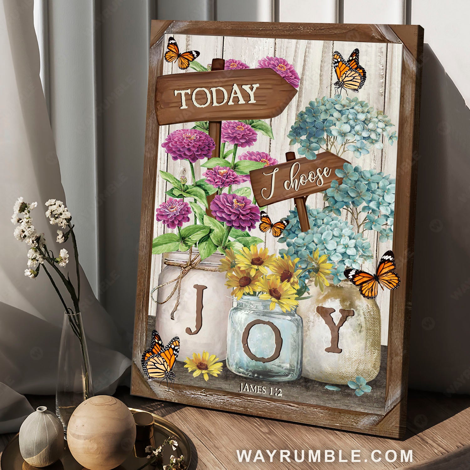 Blue hydrangea, Watercolor flower jars, Monarch butterfly, Today I choose joy - Jesus Portrait Canvas Prints, Home Decor Wall Art