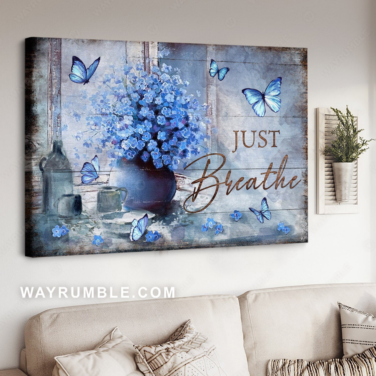 Blue butterfly, Blue flower vase, Vintage painting, Just breathe - Jesus Landscape Canvas Prints, Home Decor Wall Art