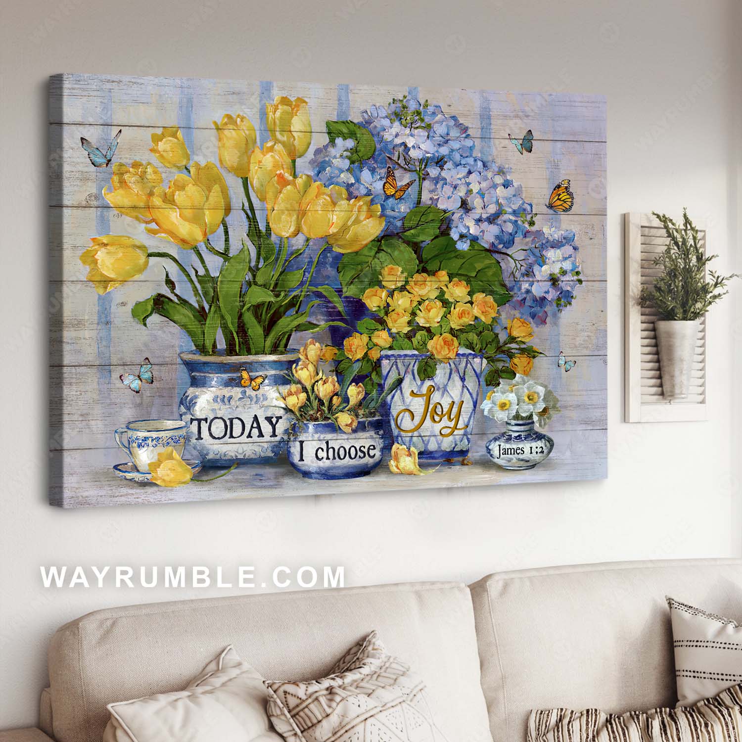 Blue hydrangea, Watercolor flower, Colorful butterfly, Today I choose joy - Jesus Landscape Canvas Prints, Home Decor Wall Art